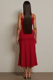Red Ruched Spaghetti Straps Midi Work Dress