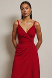 Red Ruched Spaghetti Straps Midi Work Dress
