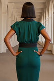 Cap Sleeve V Neck Sheath Dark Green Work Dress