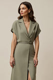 Notched Lapel Grey Green Sheath Work Dress With Slit