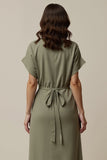 Notched Lapel Grey Green Sheath Work Dress With Slit