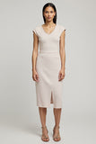 Sheath Cap Sleeve Midi Light Pink Work Dress With Slit