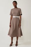 Simple A Line Grey Midi Work Dress With Belt