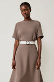Simple A Line Grey Midi Work Dress With Belt