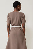 Simple A Line Grey Midi Work Dress With Belt