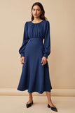 Long Sleeve Round Neck Midi Navy Work Dress