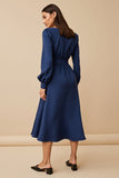 Long Sleeve Round Neck Midi Navy Work Dress