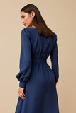 Long Sleeve Round Neck Midi Navy Work Dress