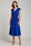 V Neck Royal Blue A Line Work Dress with Bowknot