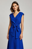 V Neck Royal Blue A Line Work Dress with Bowknot