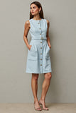 Light Blue A Line Belt Midi Work Dress