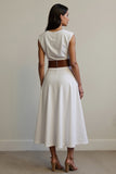 V Neck A Line White Work Dress with Belt