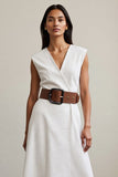 V Neck A Line White Work Dress with Belt