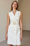 White Sheath Notched Lapel Work Dress with Belt