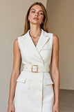 White Sheath Notched Lapel Work Dress with Belt