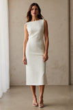 Ivory Boat Neck Sheath Midi Work Dress