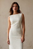 Ivory Boat Neck Sheath Midi Work Dress