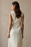 Ivory Boat Neck Sheath Midi Work Dress