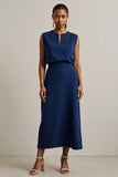Navy Sheath Round Neck Maxi Work Dress