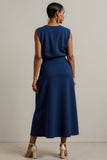 Navy Sheath Round Neck Maxi Work Dress