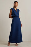 Navy Sheath Round Neck Maxi Work Dress