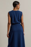 Navy Sheath Round Neck Maxi Work Dress