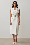 White Notched Lapel Sheath Midi Work Dress with Belt