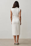 White Notched Lapel Sheath Midi Work Dress with Belt