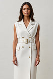 White Notched Lapel Sheath Midi Work Dress with Belt