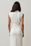 White Notched Lapel Sheath Midi Work Dress with Belt