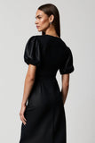 Black Bodycon V-Neck Midi Work Dress with Sleeves