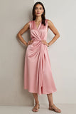 Pink Satin V-Neck Maix Wedding Guest Dress with Drape