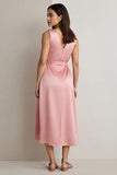 Pink Satin V-Neck Maix Wedding Guest Dress with Drape