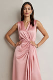 Pink Satin V-Neck Maix Wedding Guest Dress with Drape