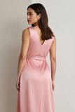Pink Satin V-Neck Maix Wedding Guest Dress with Drape
