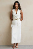 White Sheath Notched Lapel Maxi Work Dress with Belt