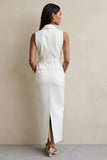 White Sheath Notched Lapel Maxi Work Dress with Belt