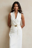 White Sheath Notched Lapel Maxi Work Dress with Belt