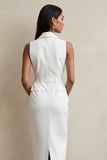 White Sheath Notched Lapel Maxi Work Dress with Belt