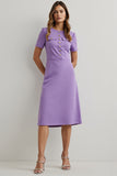 Purple Round Neck Short Sleeves Midi Work Dress