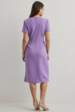 Purple Round Neck Short Sleeves Midi Work Dress