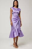 Purple Satin Bodycon Cap Sleeves Midi Wedding Guest Dress with Ruffles