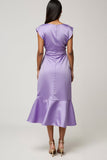Purple Satin Bodycon Cap Sleeves Midi Wedding Guest Dress with Ruffles