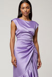 Purple Satin Bodycon Cap Sleeves Midi Wedding Guest Dress with Ruffles