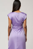 Purple Satin Bodycon Cap Sleeves Midi Wedding Guest Dress with Ruffles