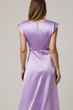 Purple Ruched Satin Maxi Wedding Guest Dress