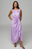 Purple Satin Sheath Boat Neck Maxi Wedding Guest Dress with Drape