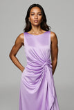Purple Satin Sheath Boat Neck Maxi Wedding Guest Dress with Drape