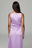 Purple Satin Sheath Boat Neck Maxi Wedding Guest Dress with Drape