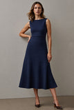 Navy A Line Boat Neck Maxi Work Dress